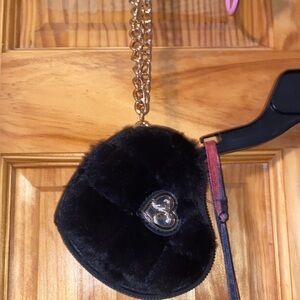 Juicy Couture Black Heart-Shaped Faux Fur wallet  with Gold Chain